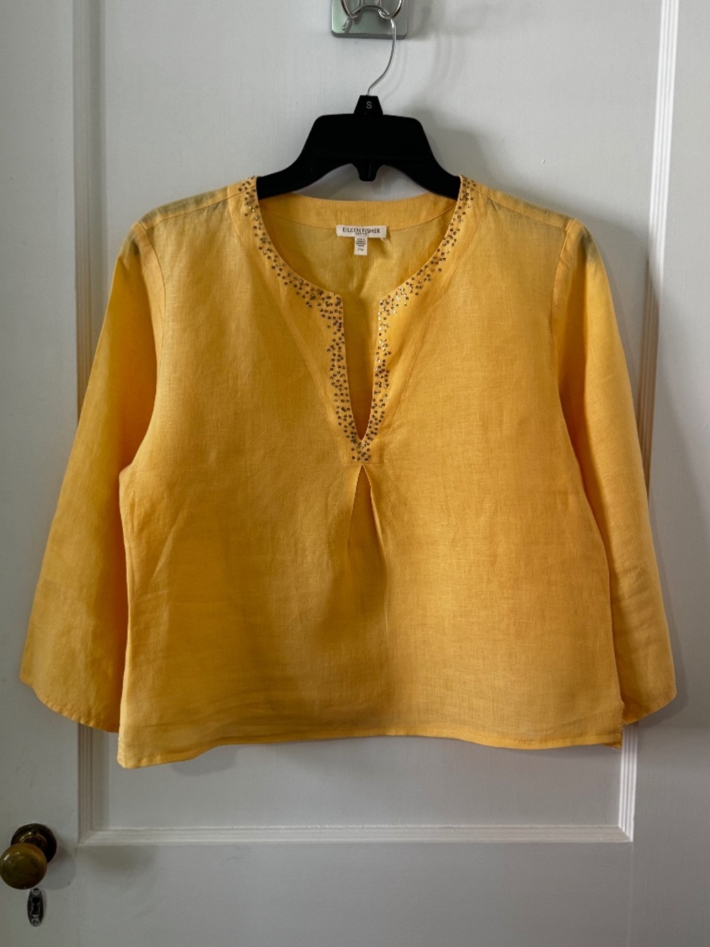 Butter yellow Eileen Fisher linen 3/4 sleeve crop swing top w/sequins, size PM